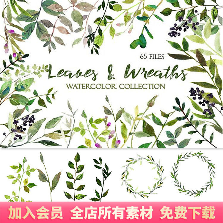 水彩文艺绿色树叶花圈花环边框枝条元素png免扣设计素材套装