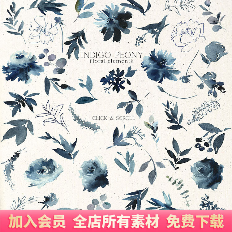 靛蓝牡丹水彩鲜花花卉手绘插画装饰手账元素png免扣设计素材