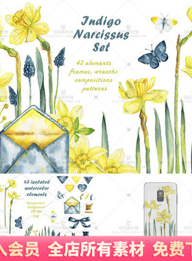 手绘水彩黄色水仙花边框花环PNG免抠卡片海报包装手机壳设计素材