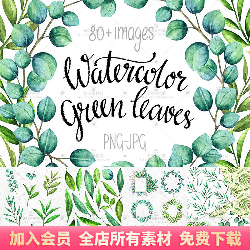 清新绿色树叶子花环边框手绘水彩png免抠图贺卡包装海报设计素材
