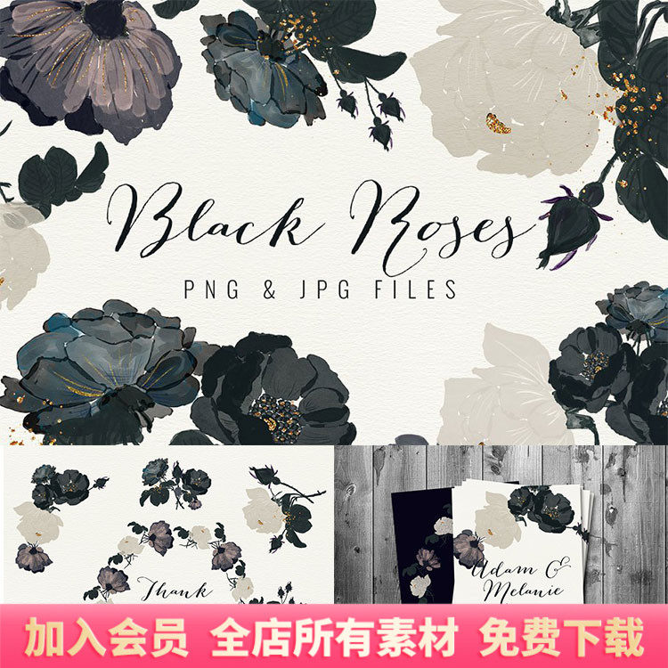 黑色暗黑邪恶玫瑰花卉插画手账装饰元素png免扣设计素材ps