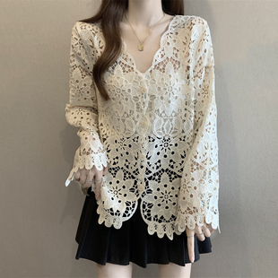 大码 外套女2026新款 胖mm好看外搭上衣0317z1 钩花针织开衫 春夏法式