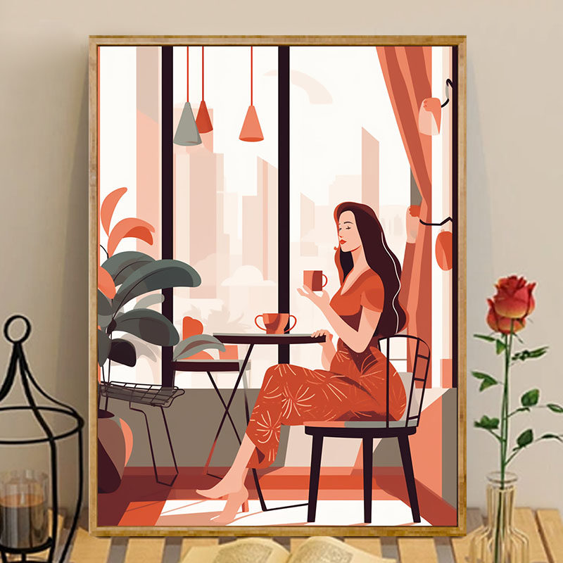 午后咖啡屋 diy数字油画卧室客厅摆件装饰手工填充丙烯送人油彩画