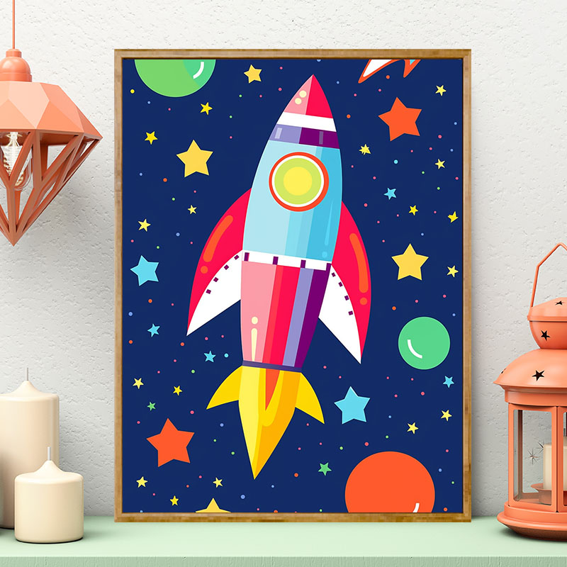 卡通火箭 DIY数字油画手绘涂鸦丙烯画儿童简单手工礼物客厅装饰画图片