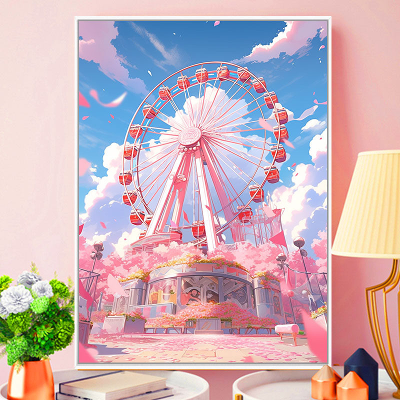 梦幻摩天轮 diy数字油画手绘卡通油彩画丙烯涂鸦填色客厅装饰挂画
