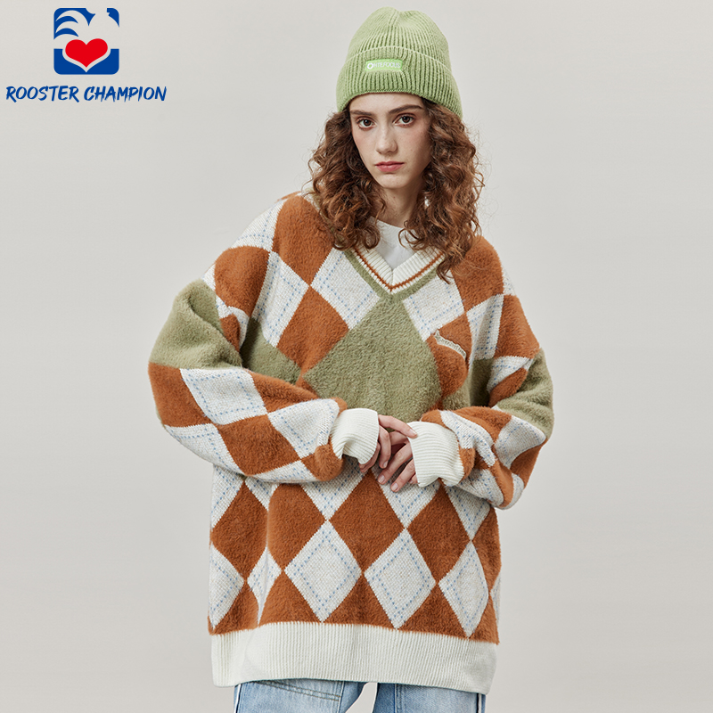 公鸡冠军V领海马毛毛衣
