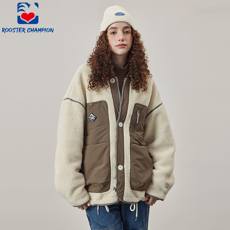 公鸡冠军夹克女冬季宽松米白色多口袋仿羊羔毛撞色轻薄保暖外套潮