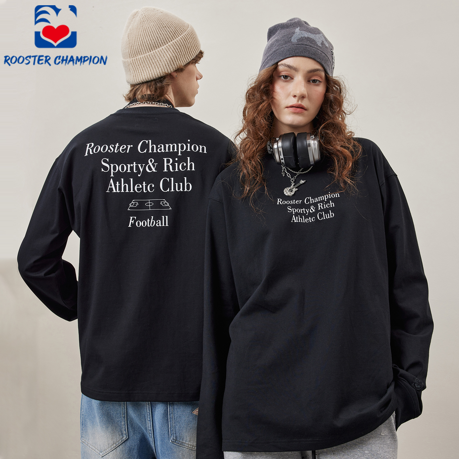 公鸡冠军黑色印花重磅长袖T恤男