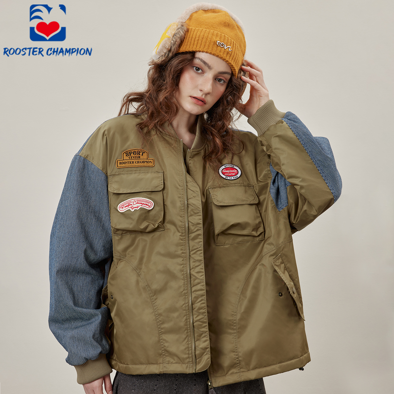 公鸡冠军棕色条纹飞行夹克