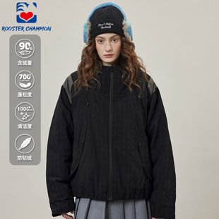 面包服白鸭绒加厚外套 连帽短款 公鸡冠军黑色暗格羽绒服女冬季 新款