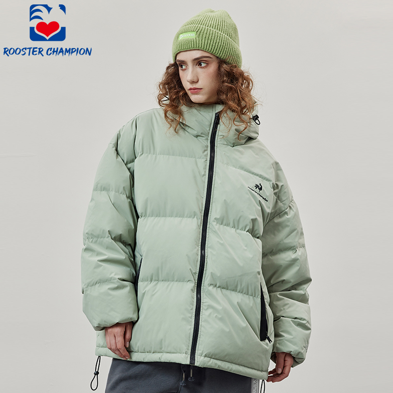 公鸡冠军豆绿连帽保暖羽绒服男