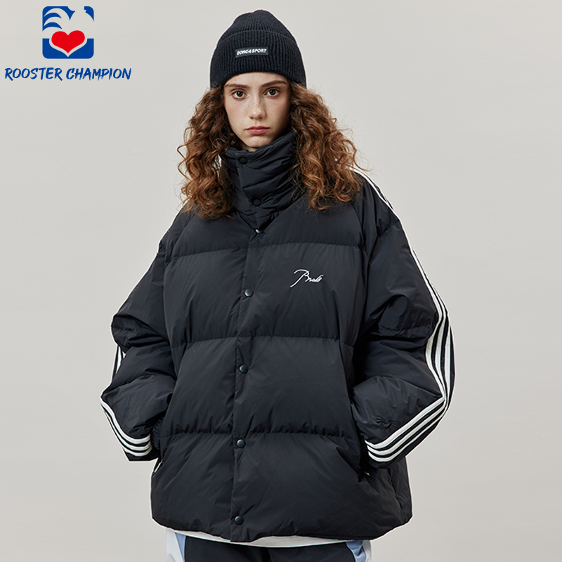 公鸡冠军黑色高领加厚羽绒服女