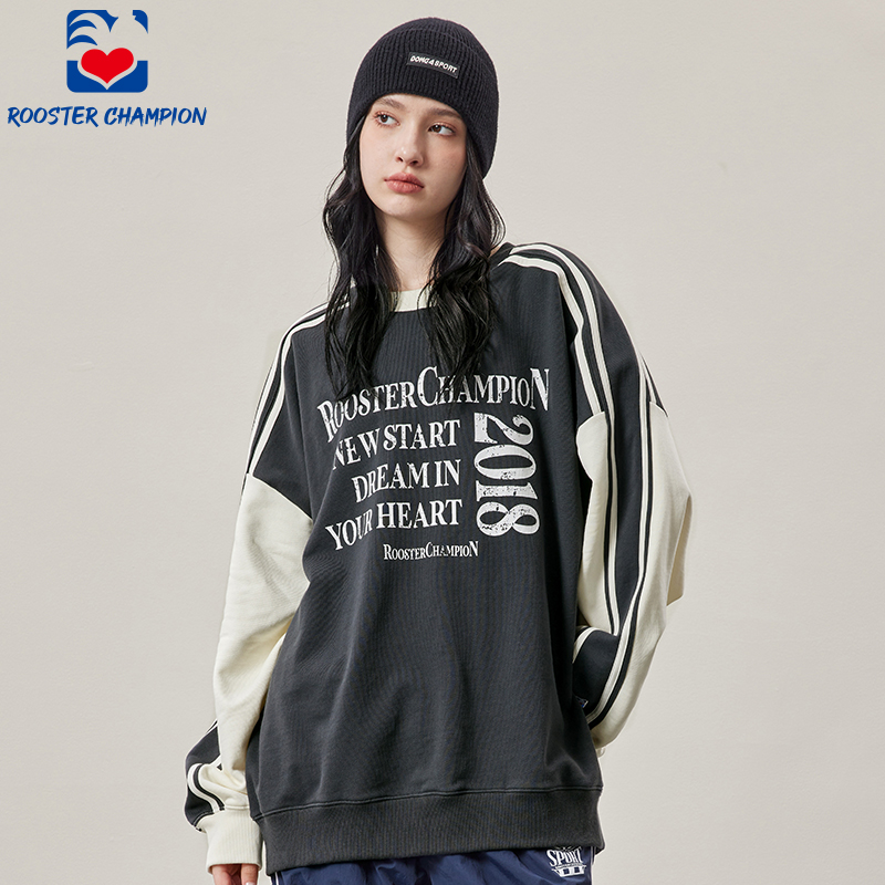 公鸡冠军深灰色圆领重磅卫衣