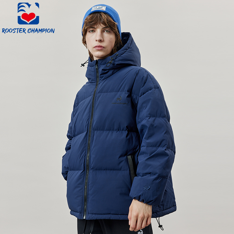 公鸡冠军深蓝色连帽羽绒服男