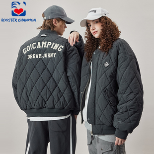公鸡冠军棉服男新款 深灰宽松复古菱格棒球服情侣加厚保暖外套 冬季