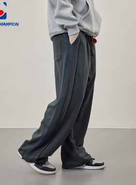 公鸡冠军深灰色直筒重磅卫裤男秋冬宽松潮流条纹垂感廓型休闲长裤