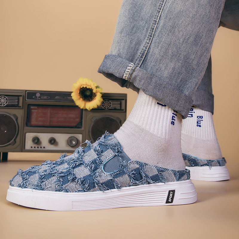 包头半拖帆布鞋男无后跟休闲散步