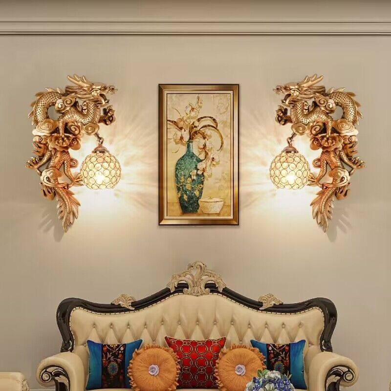 招财龙凤壁灯创意中式客厅背景墙美式酒吧会所床头过道水晶灯装饰