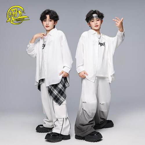 儿童嘻哈街舞hiphop演出服白衬衫