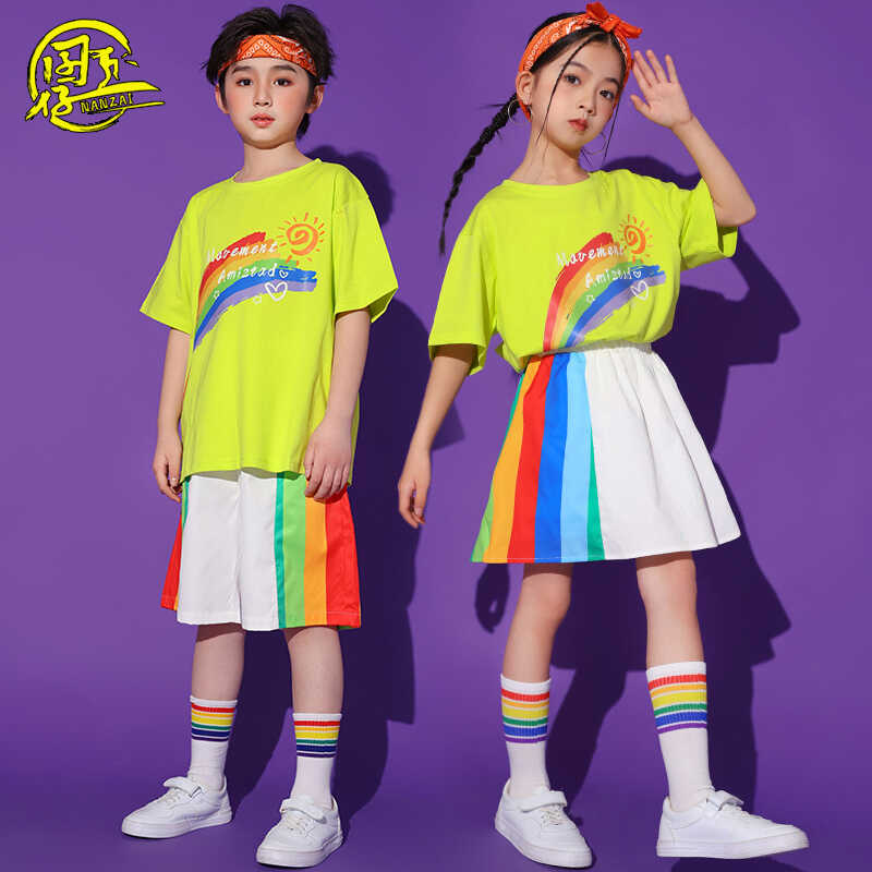 儿童彩虹T恤啦啦队舞蹈表演服