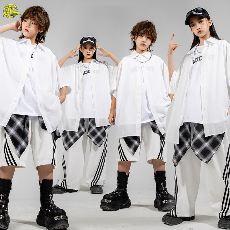 街舞儿童潮服男女童酷帅白衬衫嘻哈hiphop架子鼓演出服现代舞服装