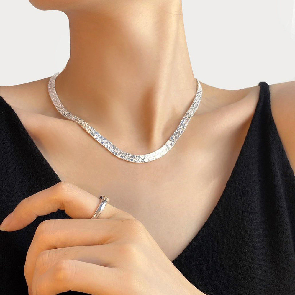 古罗珠宝s925纯银不规则锡纸纹蛇骨链项链女士小众轻奢百搭项链