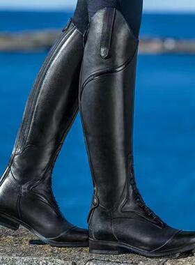 马术骑士高筒靴装备男女英国纯色粗跟长筒方头过膝后拉链护腿靴