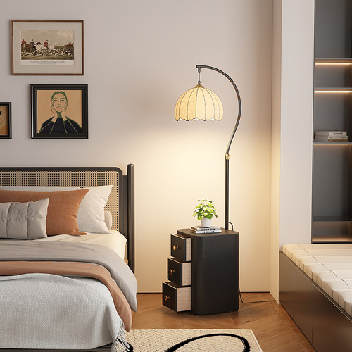 中古风卧室床头柜台灯一体落地灯