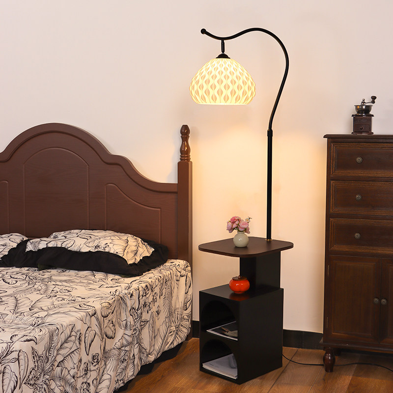 现代奶油风落地灯卧室床头柜台灯一体三层置物架客厅沙发边氛围灯