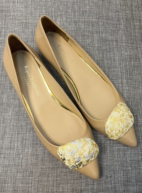 Rupert Sanderson裸色漆皮包跟碎花扣低跟女鞋尖头粗跟单鞋