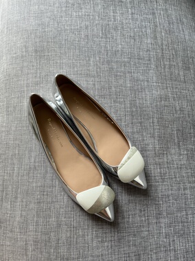Rupert Sanderson银色银跟白色拼银箔半扣低跟女鞋尖头粗跟单鞋