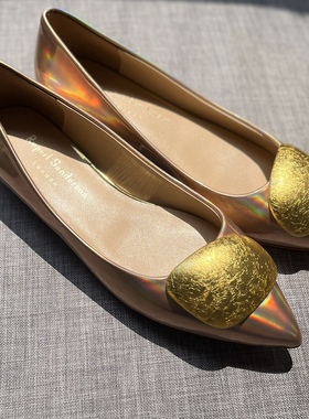 Rupert Sanderson玫瑰金幻彩金跟金扣低跟女鞋尖头粗跟单鞋