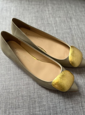 Rupert Sanderson灰色漆皮金萡金扣低跟春季女鞋尖头粗跟女单鞋