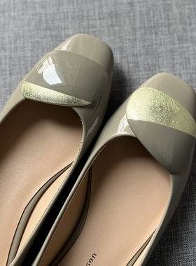 Rupert Sanderson灰色漆皮2.5CM银跟粗跟低跟方头鸳鸯扣单鞋女鞋