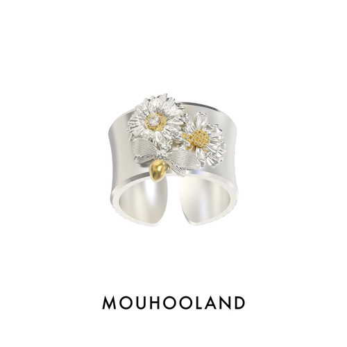Mouhooland/暮后之地雏菊系列雏菊蜜蜂宽戒原创设计小众情侣指环