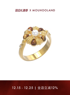 Mouhooland/暮后之地杏花系列虎眼石杏花编织戒指金色小众设计