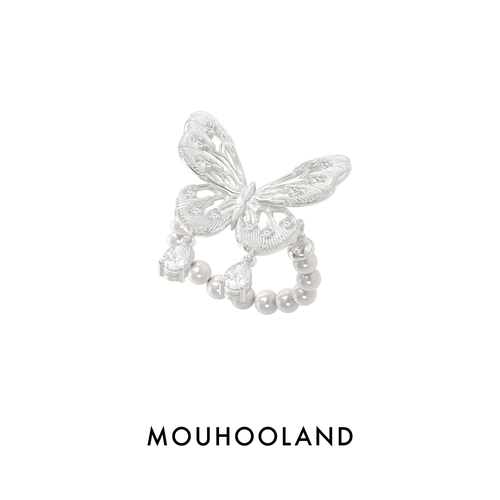 Mouhooland/暮后之地蝴蝶系列蝴蝶水晶珍珠弹力绳戒指原创食指戒