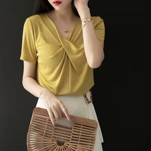 t恤上衣女夏季 显瘦打底衫 欧货气质V领锁骨短袖 新款 设计感交叉修身