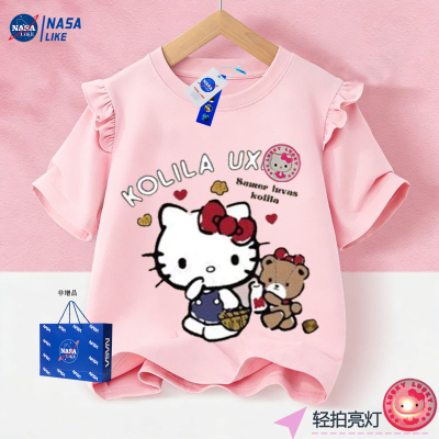 NASA联名女孩HelloKitty儿童短袖T恤发光亮灯飞袖上衣卡通衣服