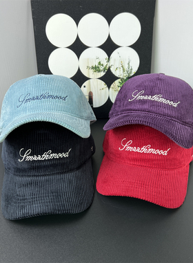 韩代同款字母灯芯绒软顶紫色棒球帽女粗织条绒秋冬深顶红色鸭舌帽