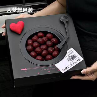 高档黑色车厘子水果包装盒新年唱片机造型果切盒草莓蛋糕礼盒