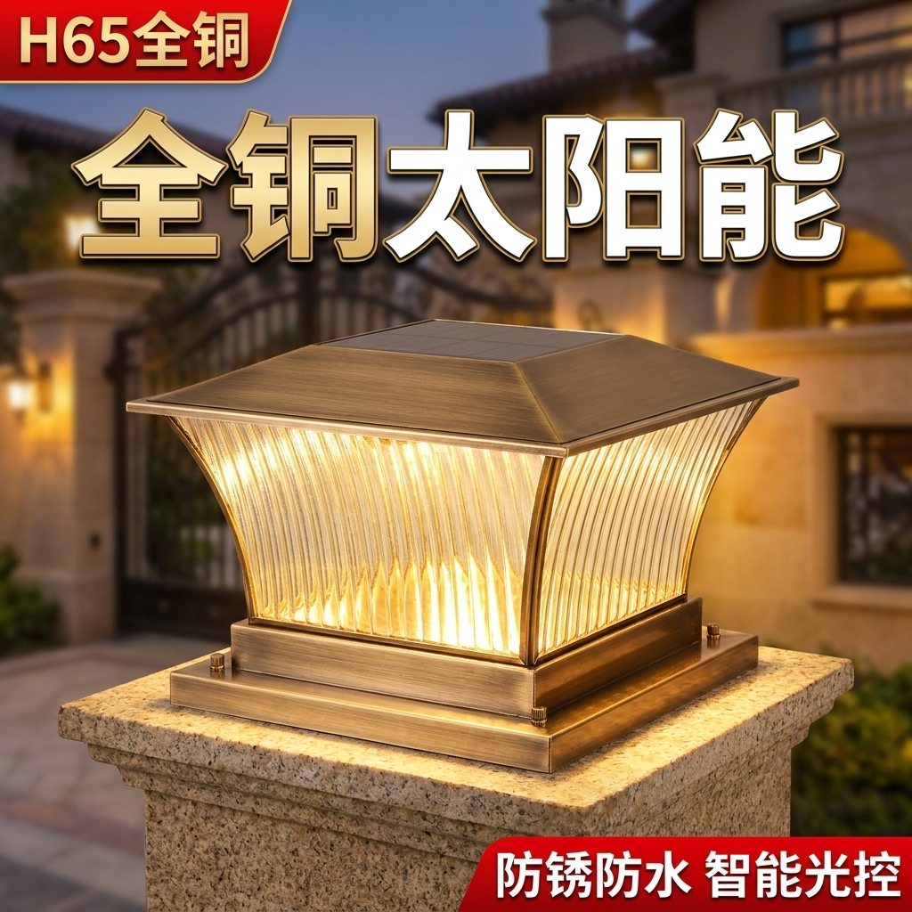 益源全铜太阳能柱头灯新款美式纯铜围墙柱子灯别墅大门柱顶灯户外