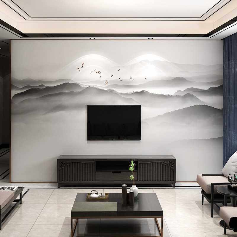 新款直销新中式墙布电视背景墙卧室床头客厅沙发墙纸山水飞鸟无缝,家装主材,定制壁画,淘宝优惠券,粉丝福利购,淘宝优惠卷