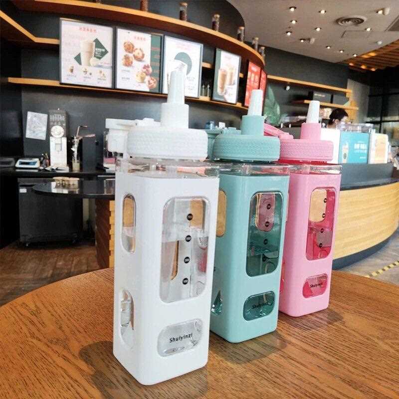 新款直销方形吸管塑料运动水跨境电商颜值方杯双层便捷提手水壶