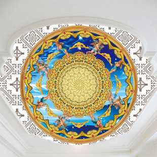 新款直销酒店大堂客厅欧式吊顶天花金碧壁画 3d圆形复古风格棚顶