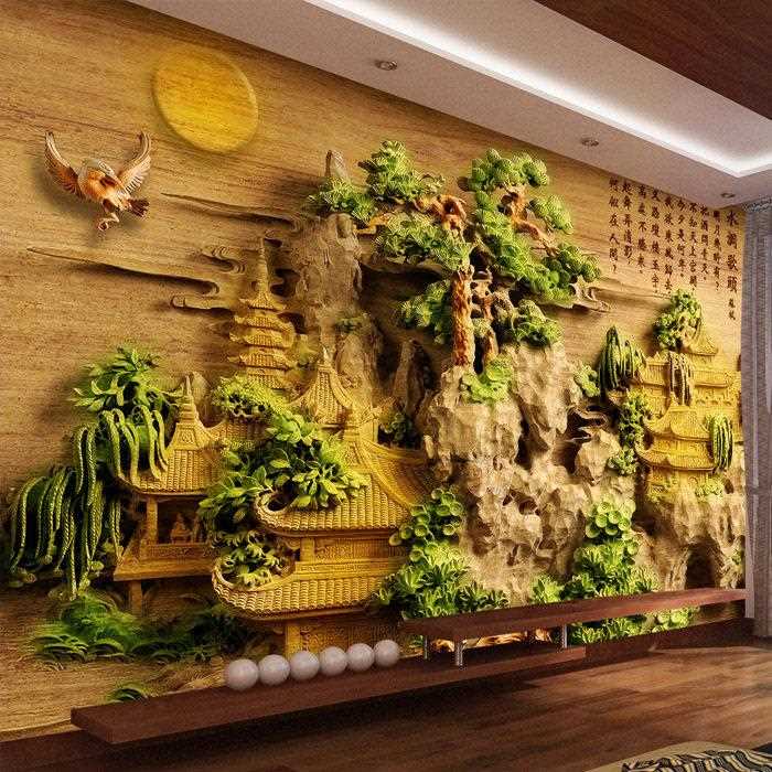 新款直销8D立体浮雕影视墙壁画中式山水电视背景墙壁纸大气客厅5d