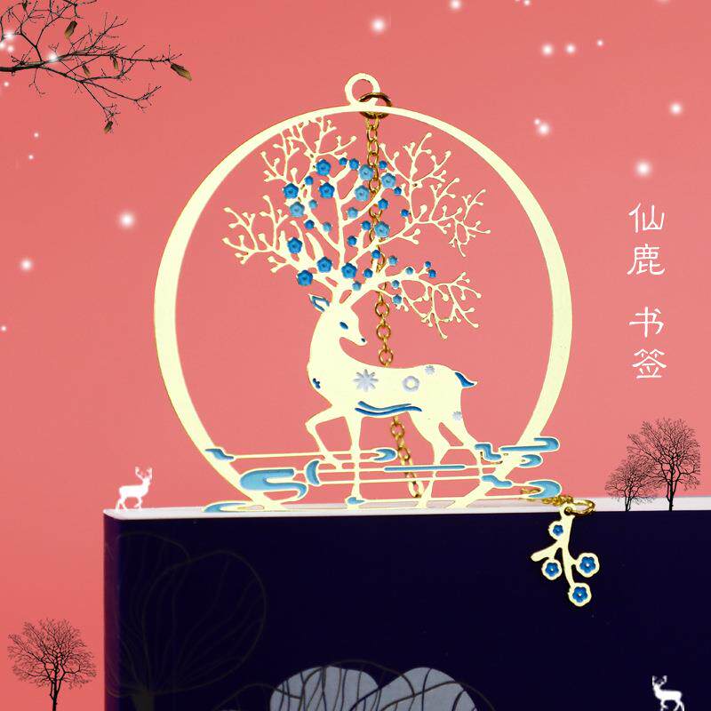 新款直销金属黄铜团扇书签古典中国风仙鹤镂空创意古风礼物
