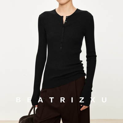 2025秋精致窄边亨利圆领100%纯羊毛针织女士毛衣长袖打底衫上衣