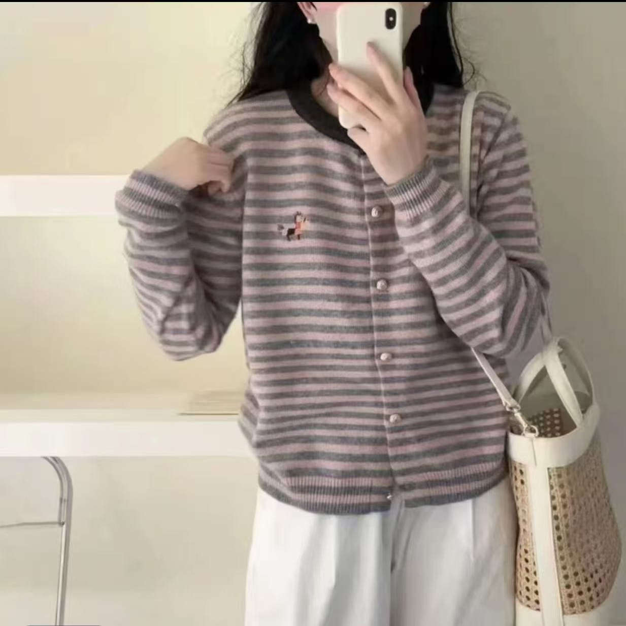 【条纹拼色开衫】新款百搭条纹拼色针织开衫x135