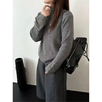【半高领波浪扣】新款袖口蕾丝花针织洋气百搭套头衫x1021